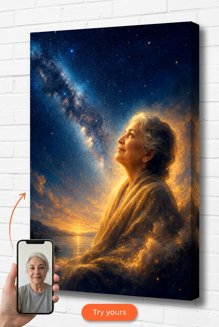 Custom Memorial Woman Portrait — Serene Galaxy Canvas from Photo