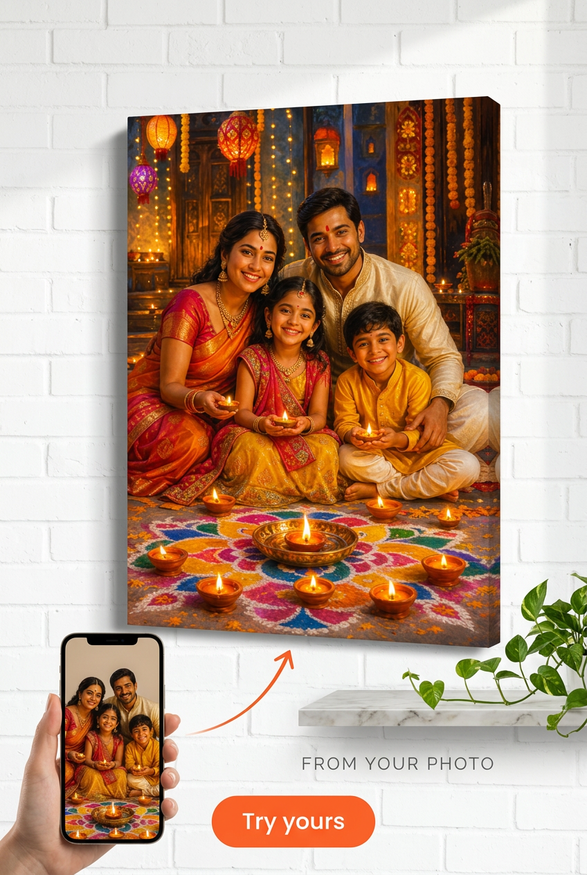 Custom Cultural Family Portrait — Festive Diwali Canvas from Photo