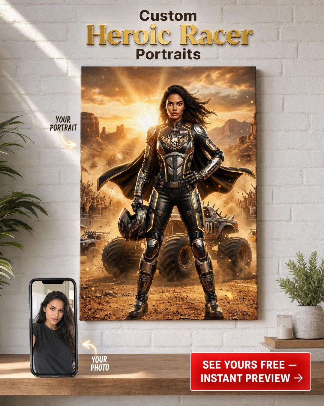 Custom Sci-Fi Man Portrait — Heroic Armor & Desert Landscape Canvas