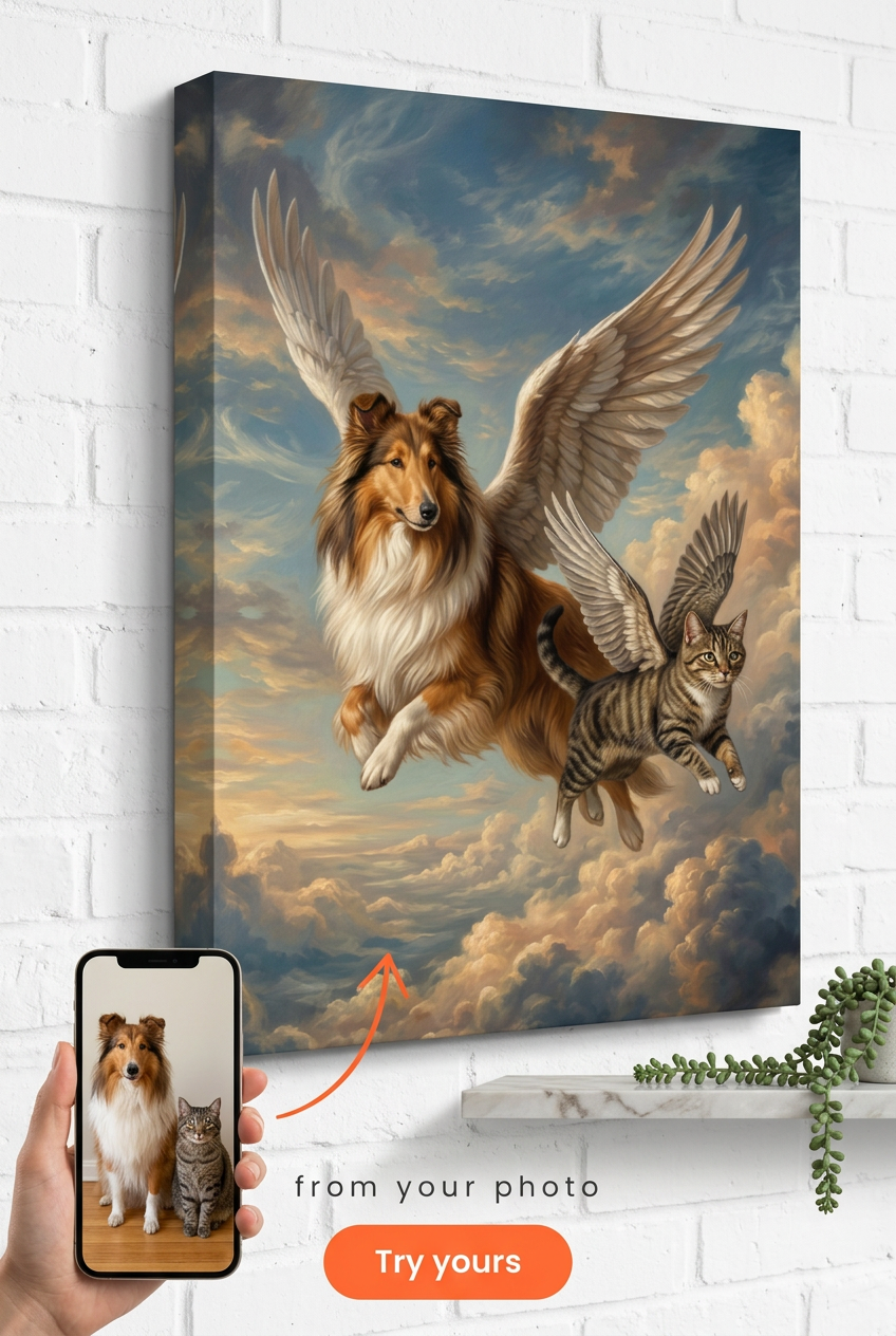 Custom Fantasy Pet Portrait — Whimsical Angel Wings Canvas for Dogs & Cats
