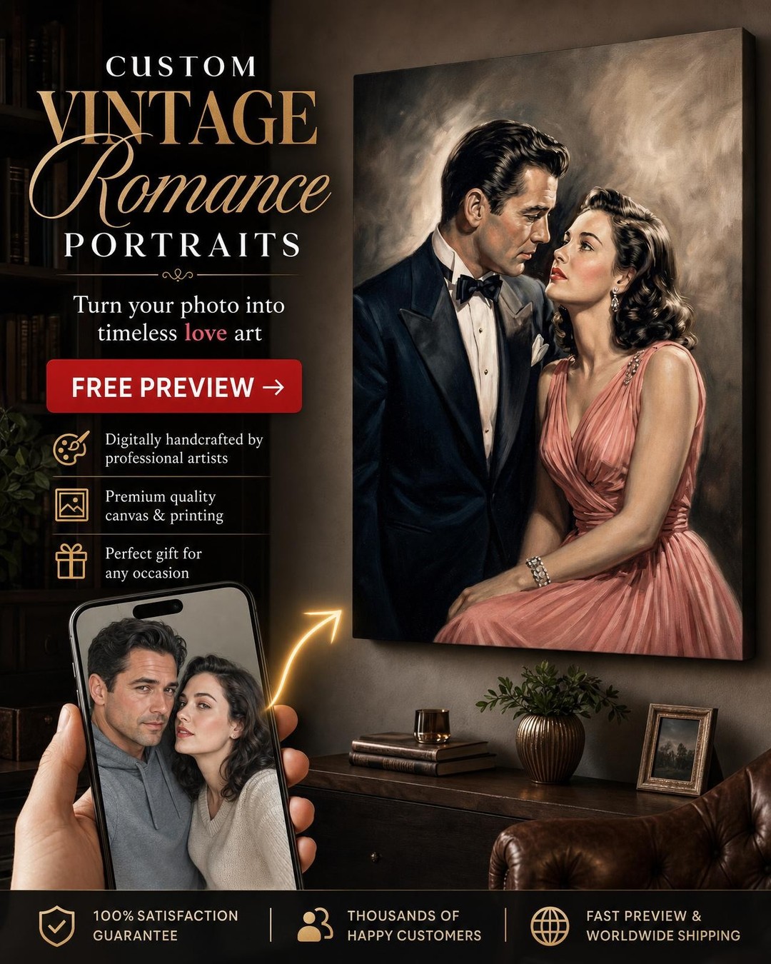 Vintage-Inspired Romantic Custom Portrait from Photo | Personalized Gift