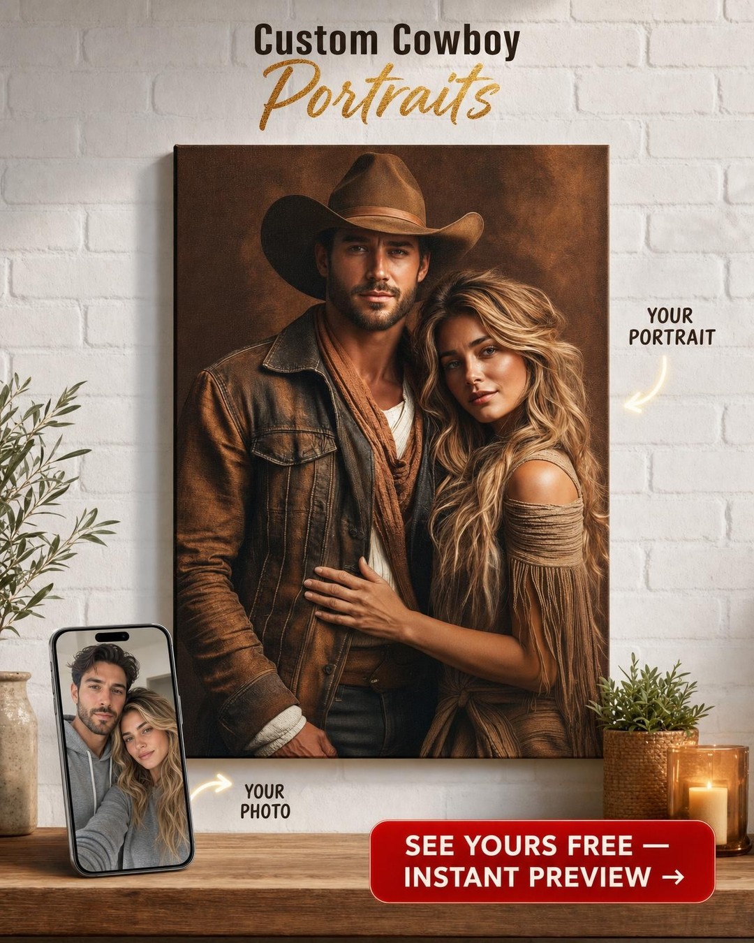 Custom Cowboy Couple Portrait — Romantic Western Canvas