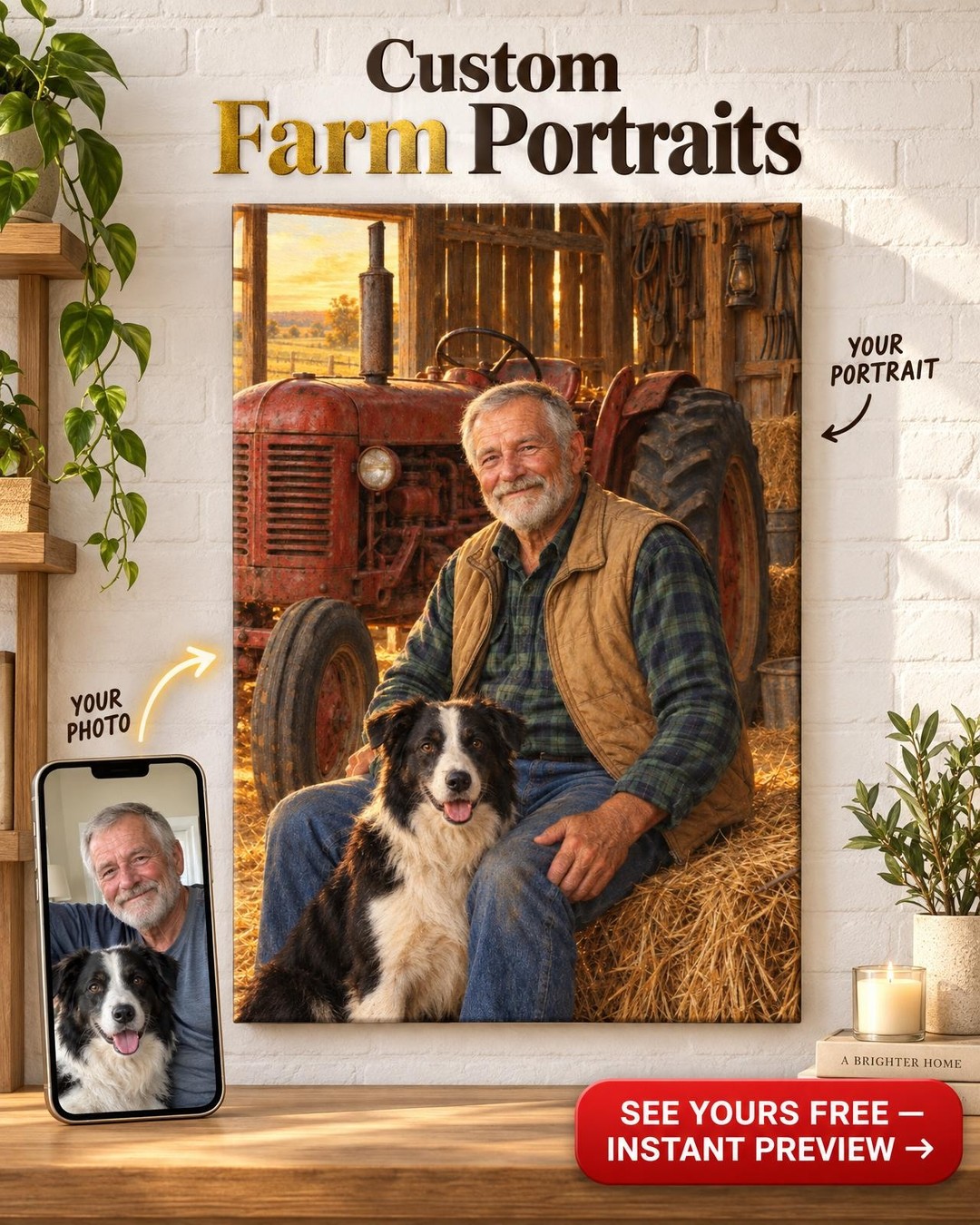 Grandpa and Farm Dog Custom Portrait from Photo | Personalized Family Farm Gift