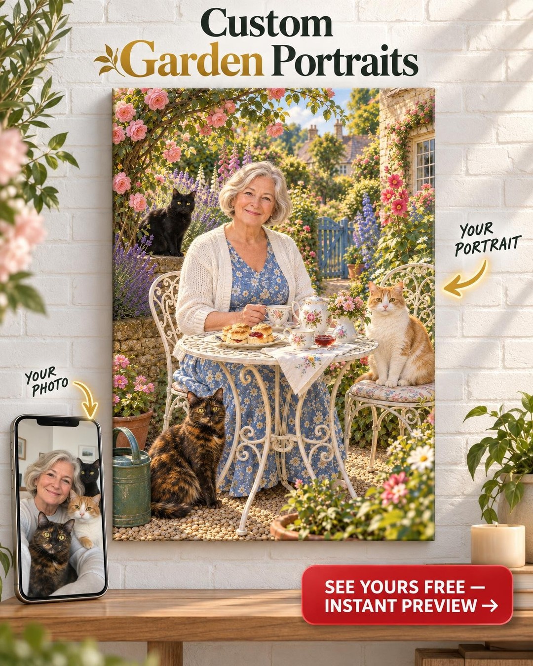 Garden Tea Party Cat Custom Portrait from Photo | Personalized Cat Family Gift