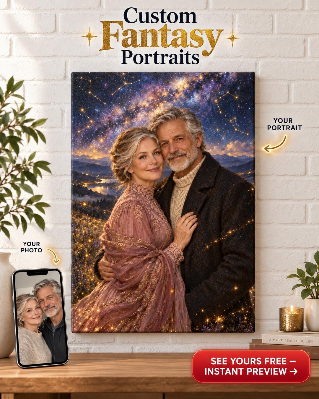 Starlit Couple Custom Portrait from Photo | Personalized Zodiac Portrait Gift