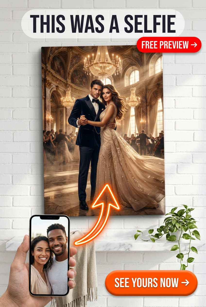 Custom Royal Couple Portrait — Romantic Ballroom Canvas from Photo