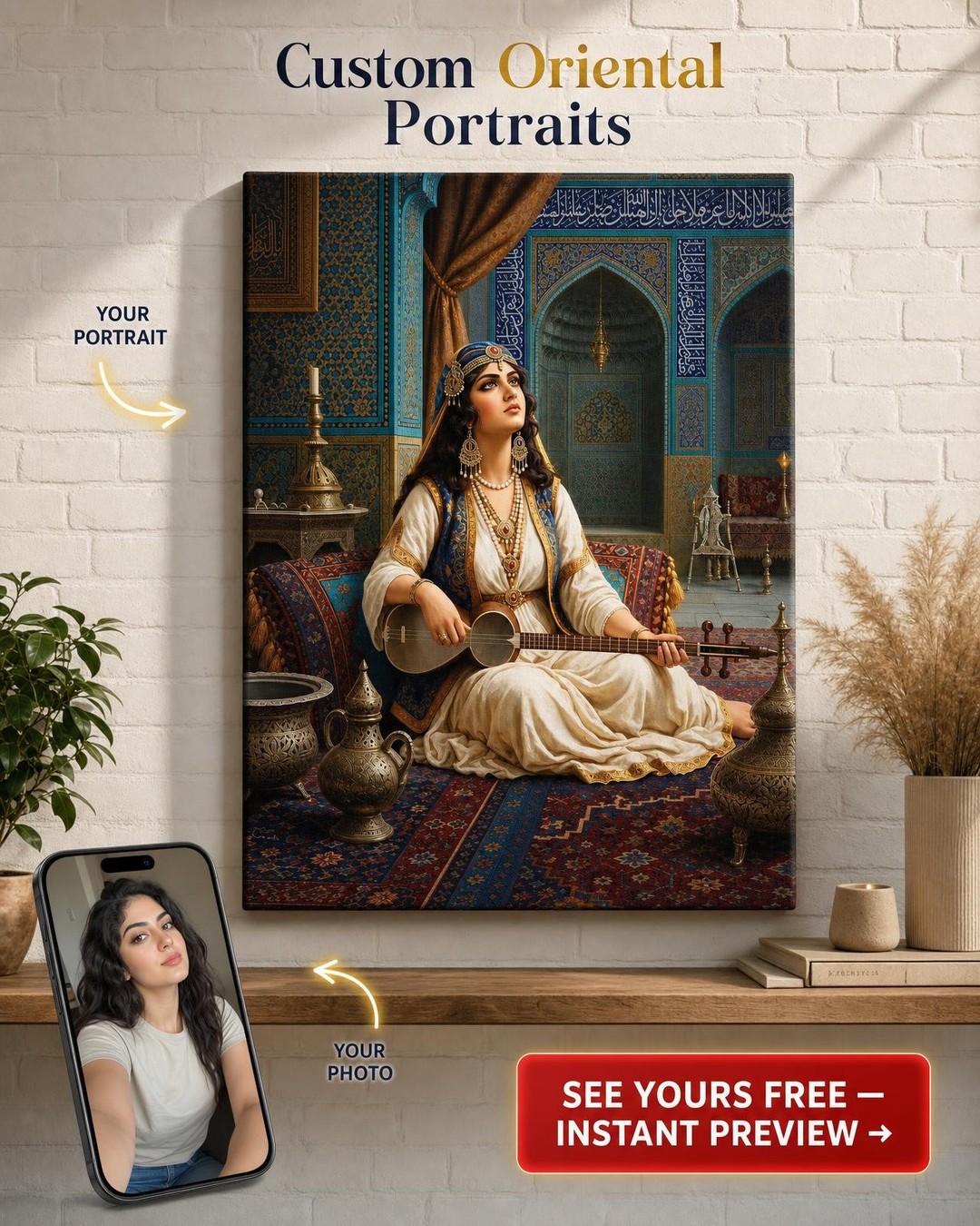 Persian Palace Musician Custom Portrait from Photo | Personalized Gift
