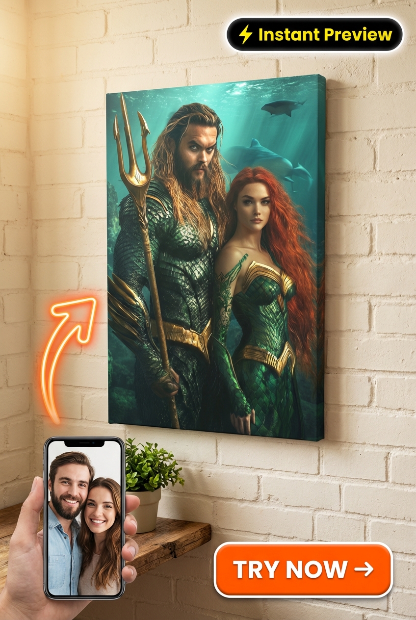 Custom Superhero Couple Portrait — Ocean Guardian Canvas from Photo
