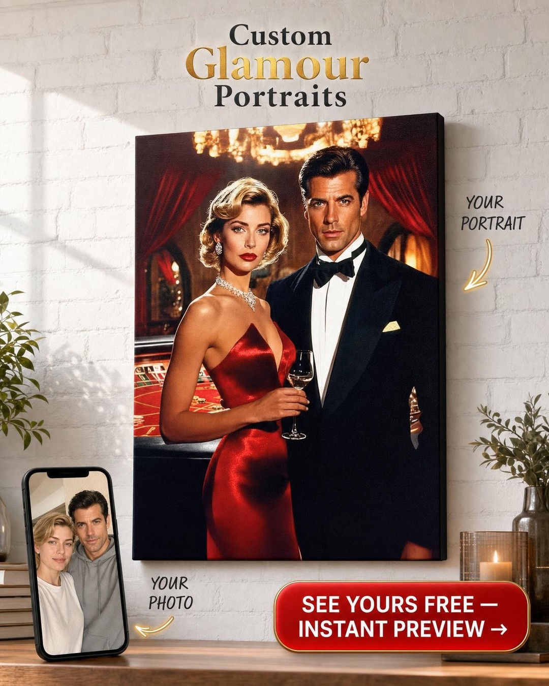Custom Royal Couple Portrait — Romantic Casino Canvas