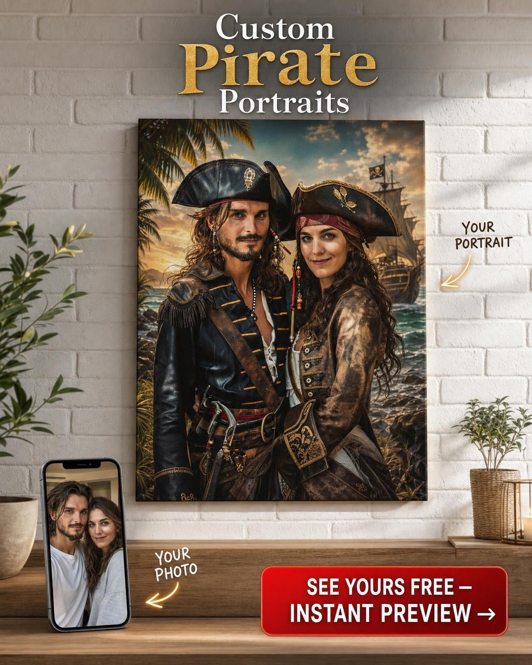 Custom Pirate Couple Portrait — Adventurous Canvas Art