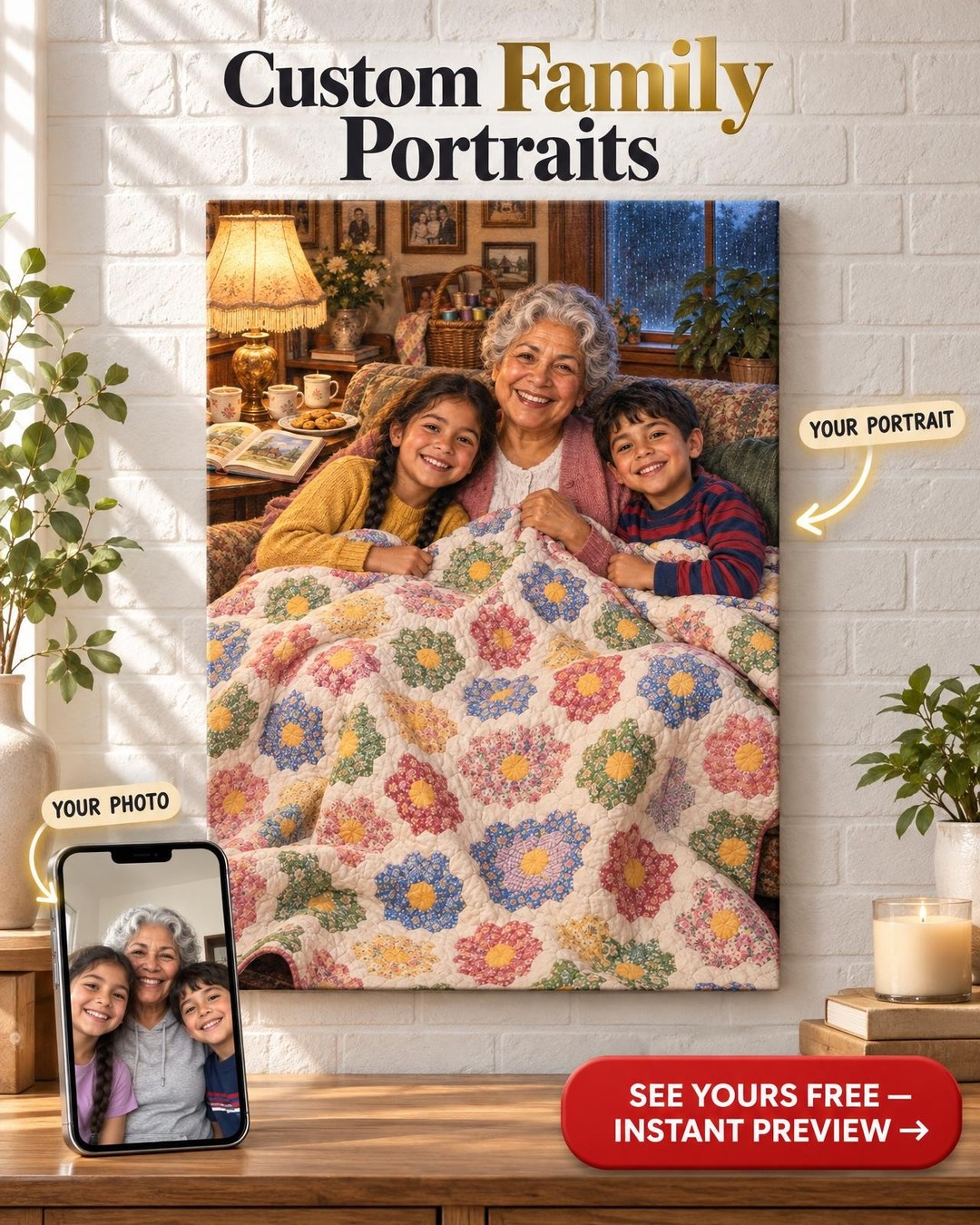 Grandma's Quilt Custom Portrait from Photo | Personalized Quilting Portrait Gift