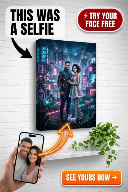 Custom Cyberpunk Couple Portrait — Neon Cityscape Canvas from Photo