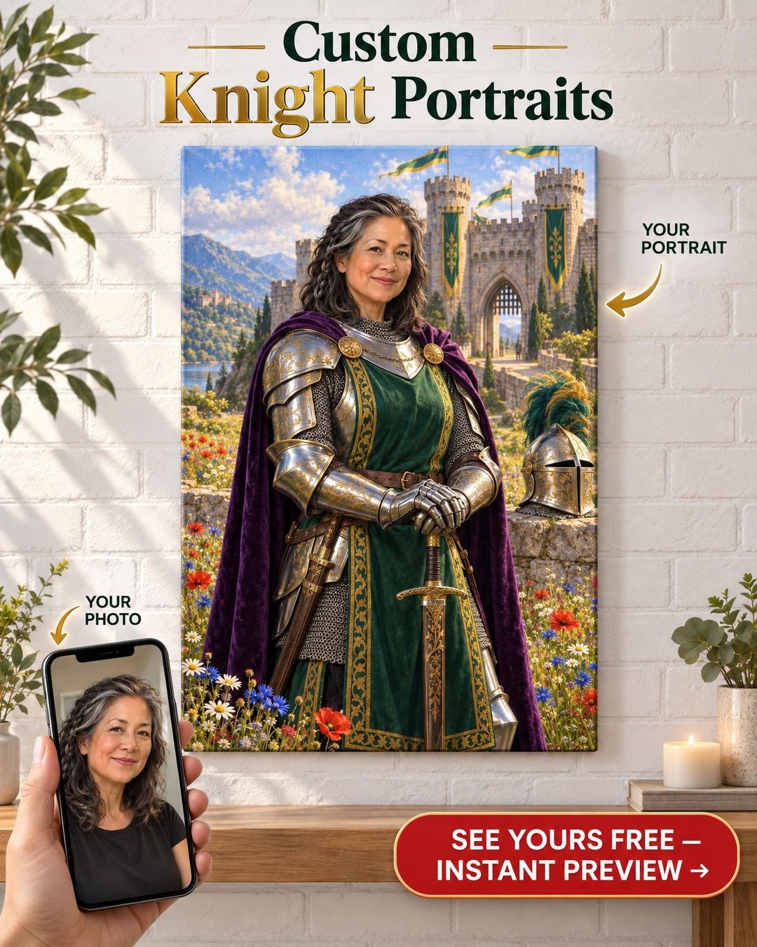 Lady Knight Renaissance Faire Custom Portrait from Photo | Personalized Canvas Gift