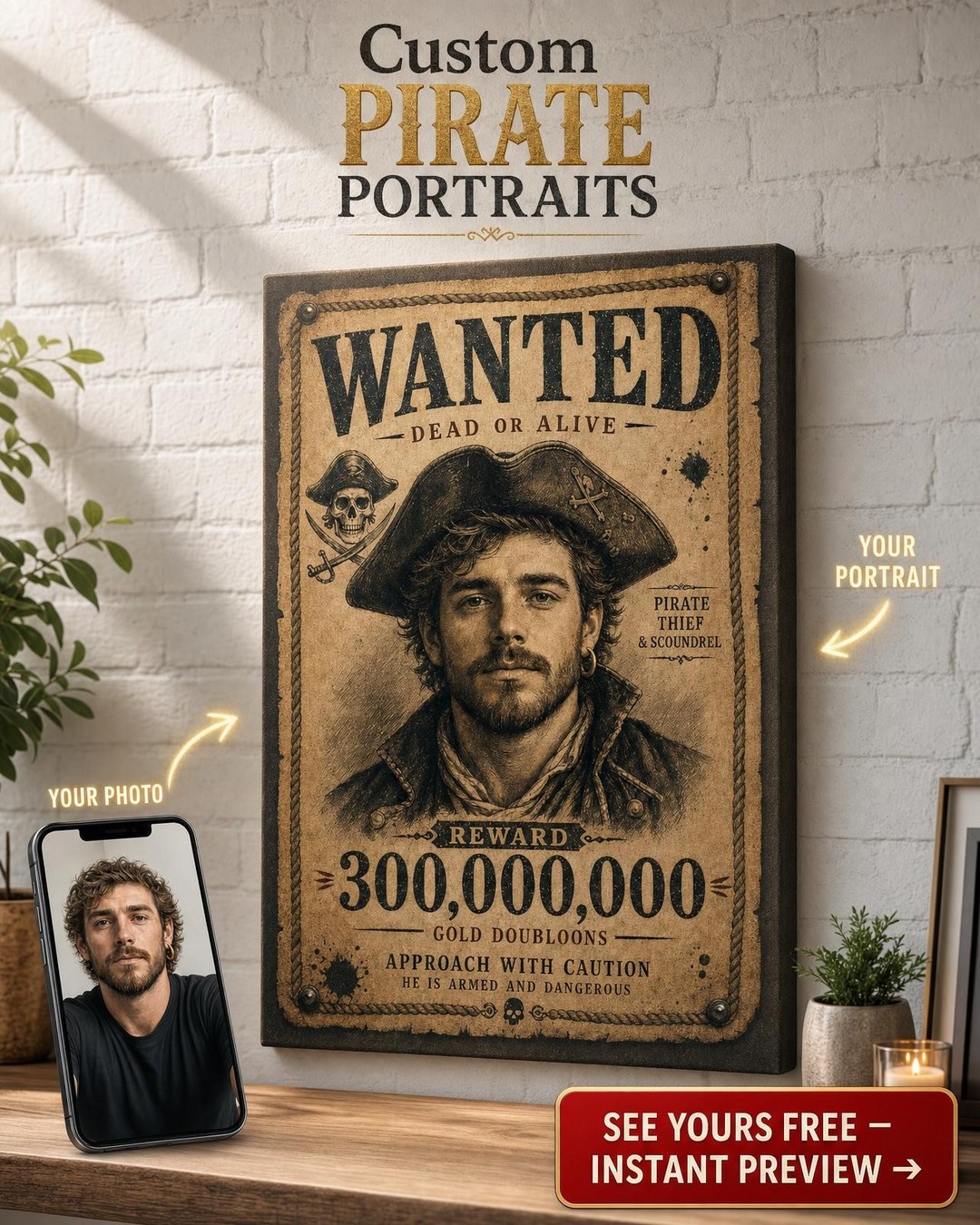 Pirate Bounty Wanted Poster Custom Portrait from Photo | Personalized Gift
