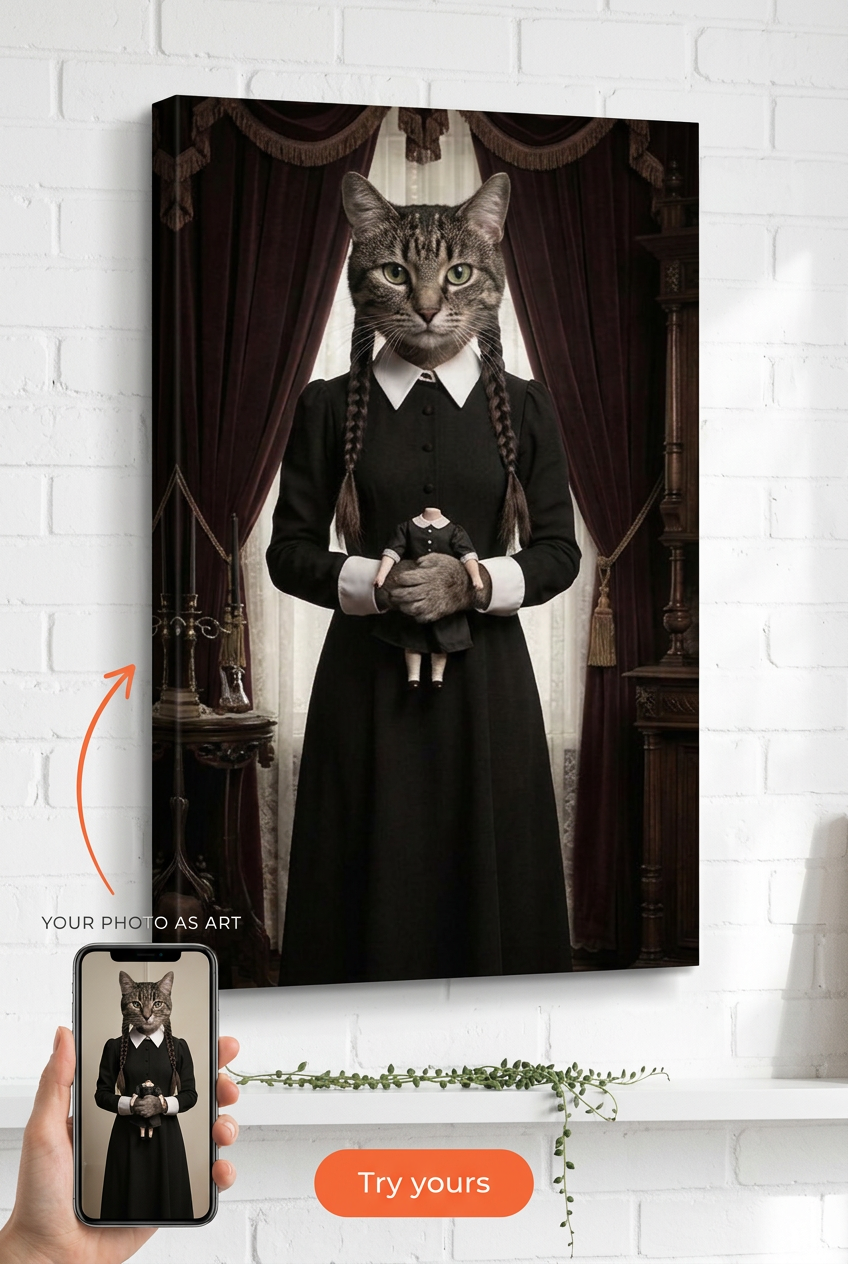 Custom Gothic Pet Cat Portrait — Whimsical Canvas from Photo