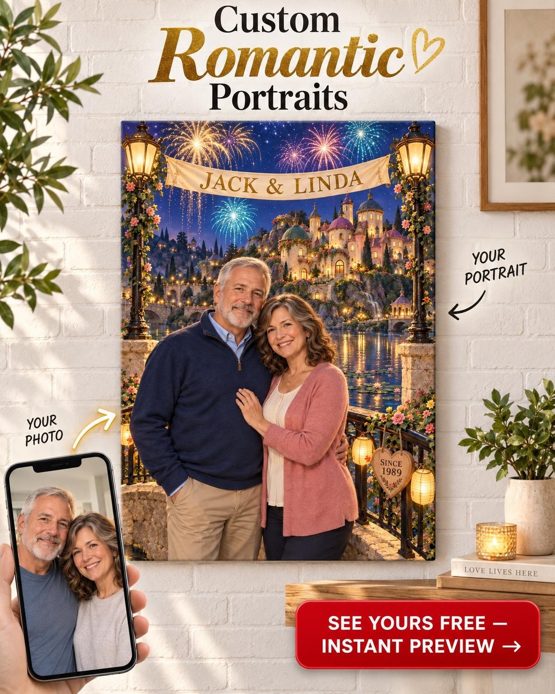 Fireworks Over the Castle Custom Portrait from Photo | Personalized Fairytale Park Gift