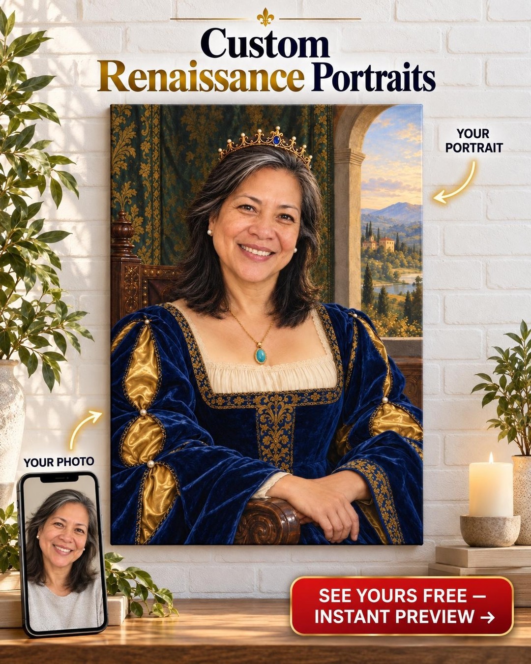 Crowned in Her Own Necklace Custom Portrait from Photo | Personalized Self Crowned Portrait Gift
