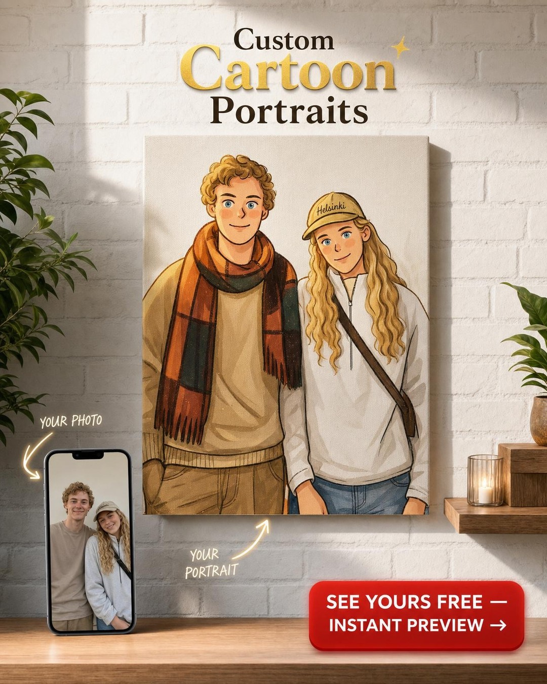Custom Cartoon Couple Portrait — Whimsical Canvas from Photo