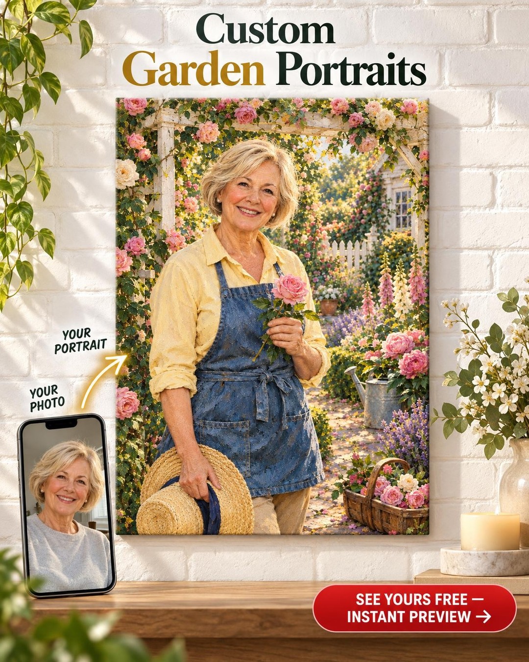 Mom in Her Rose Garden Custom Portrait from Photo | Personalized Loving Memory Gift