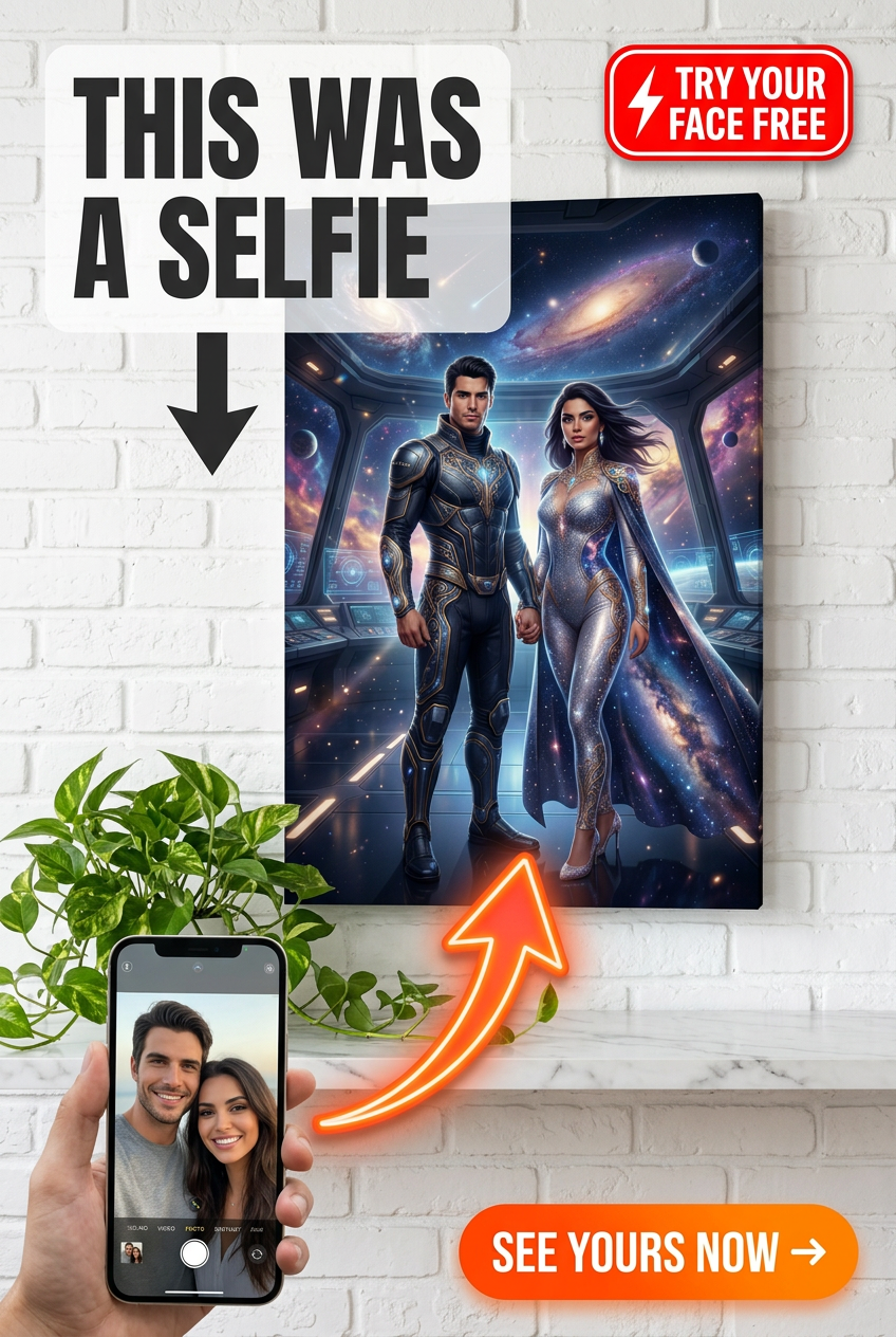 Custom Sci-Fi Couple Portrait — Heroic Space Adventure Canvas