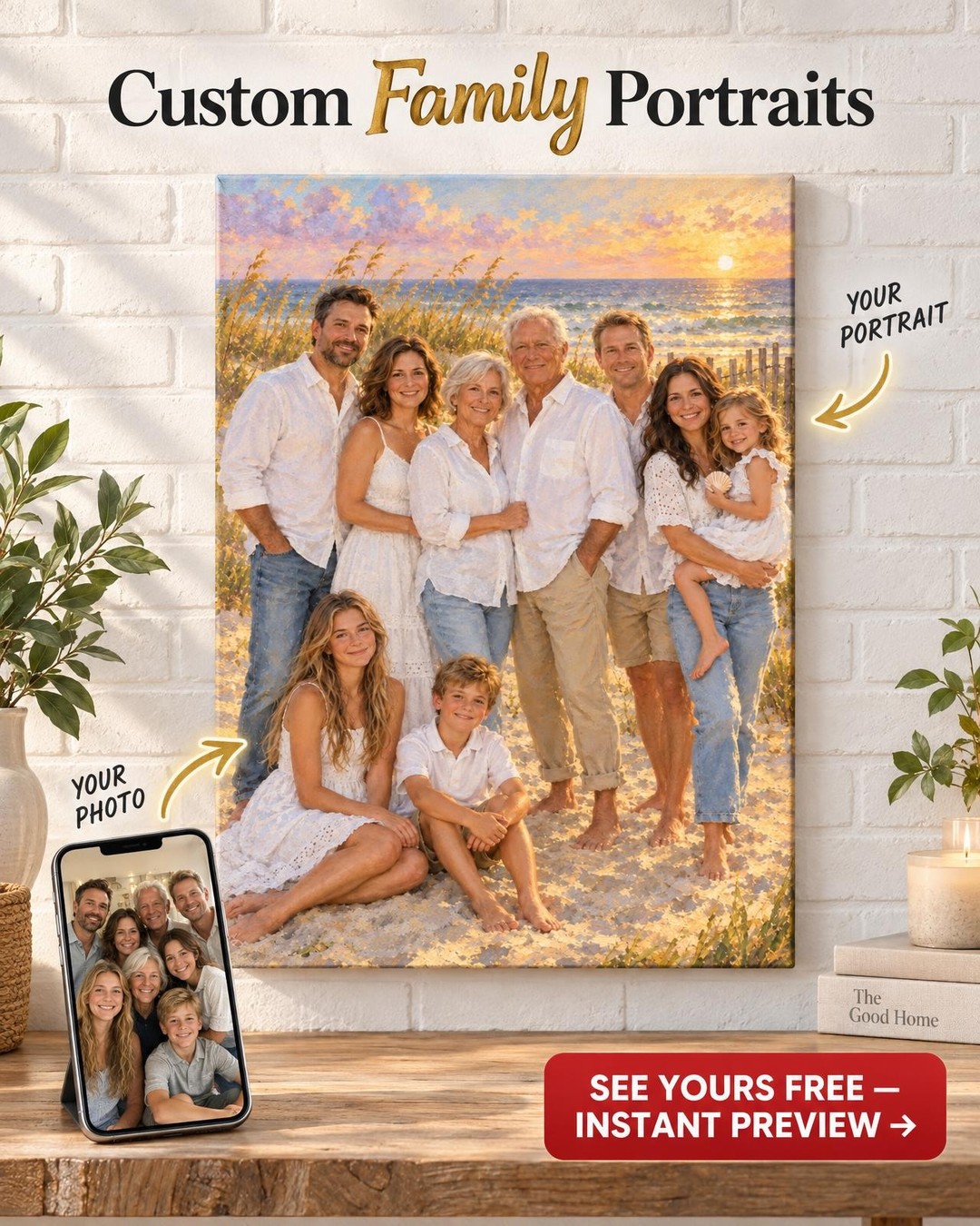The Beach Photo in White Family Custom Portrait from Photos | Personalized Family Reunion Gift
