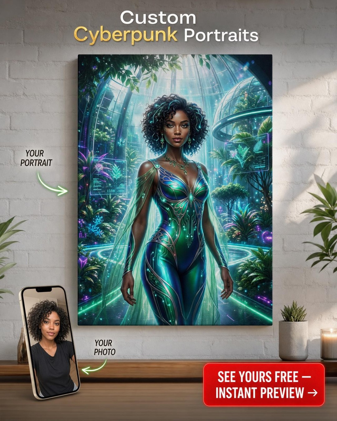 Custom Sci-Fi Woman Portrait — Glowing Ethereal Canvas Art