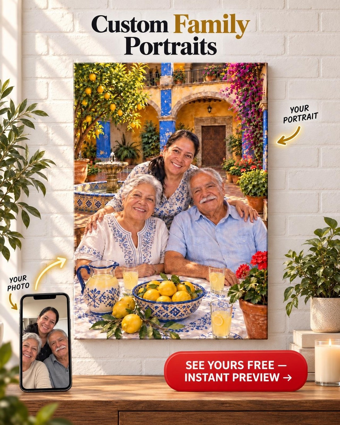 The Courtyard with the Lemon Tree Custom Family Portrait from Photo | Hometown Portrait Gift