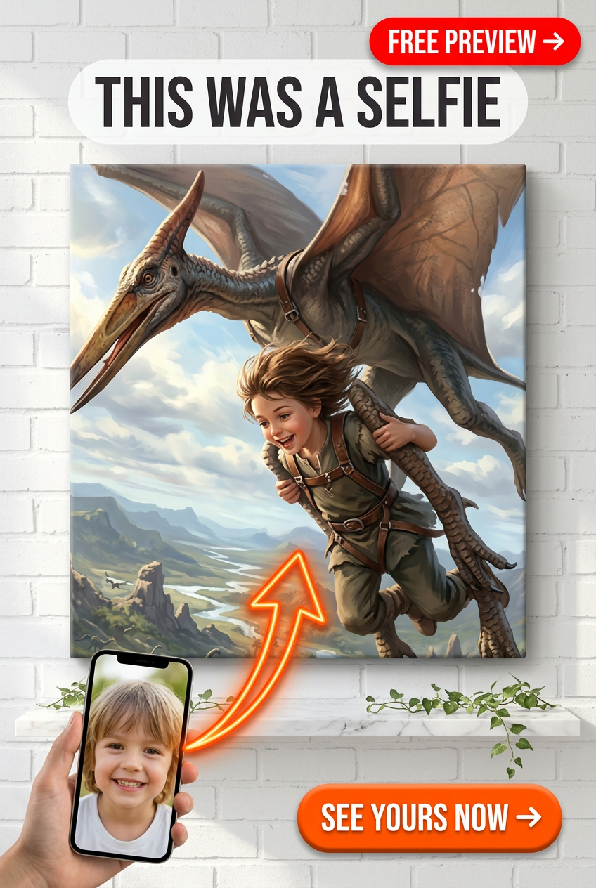 Custom Fantasy Child Portrait — Whimsical Pterodactyl Adventure Canvas