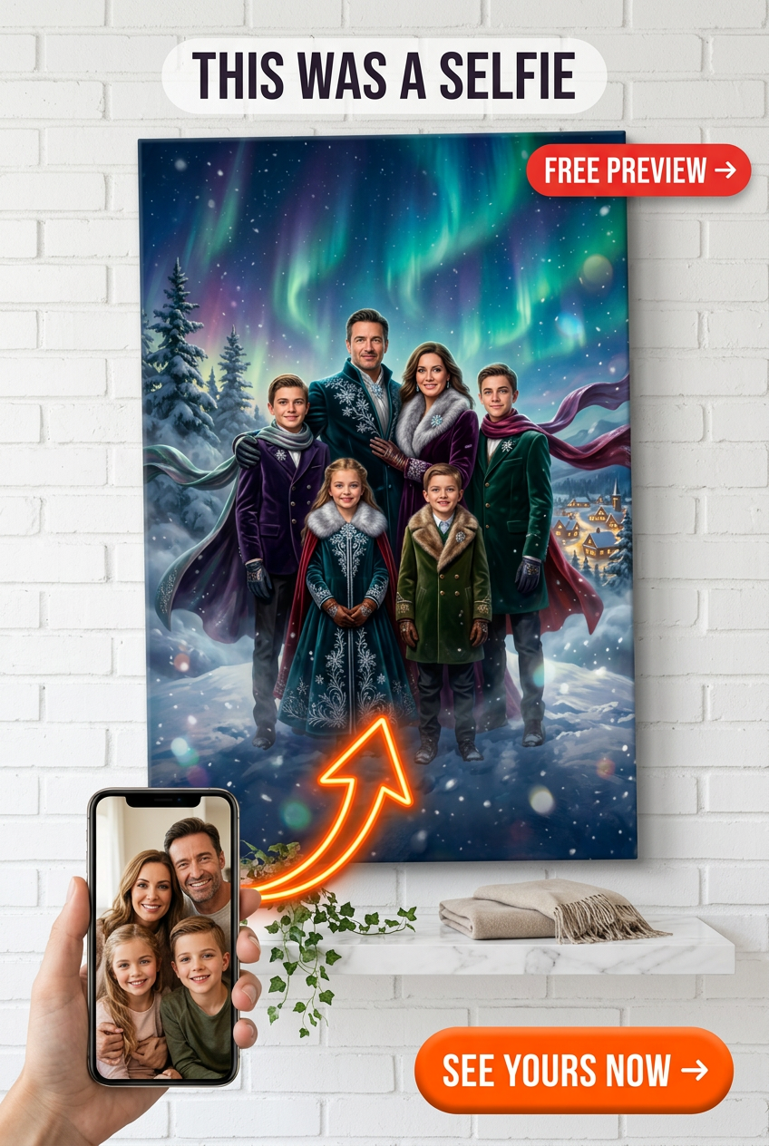 Custom Christmas Family Portrait — Aurora Borealis Winter Canvas