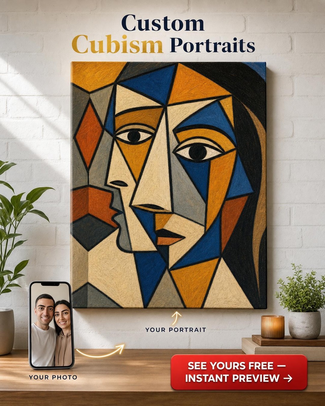 Custom PicassoCubist Couple Portrait — Whimsical Geometric Canvas for Him