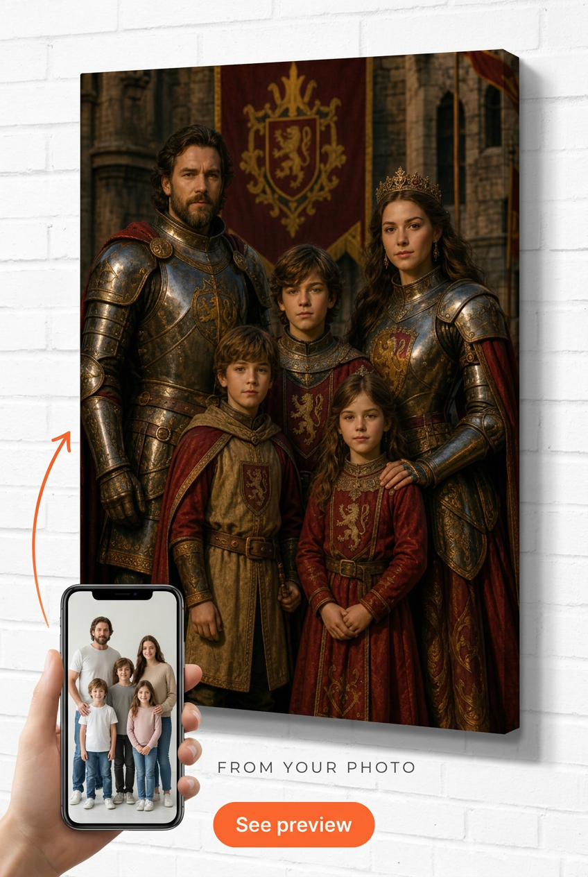 Custom Knight Family Portrait — Regal Armor Canvas from Photo