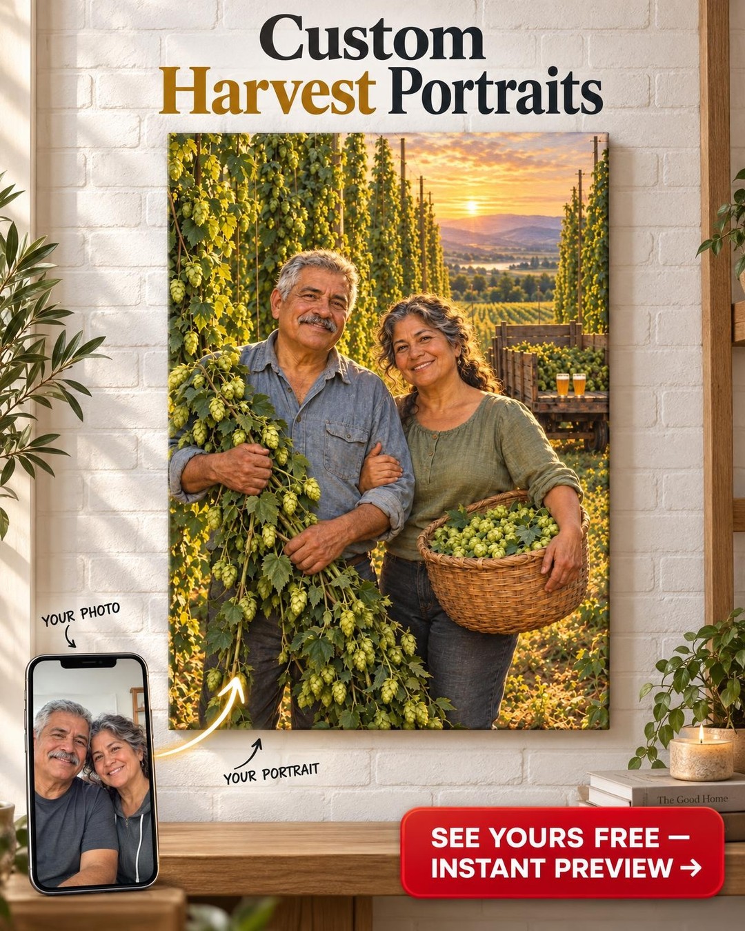 Hop Harvest Couple Custom Portrait from Photo | Personalized Homebrewing Gift