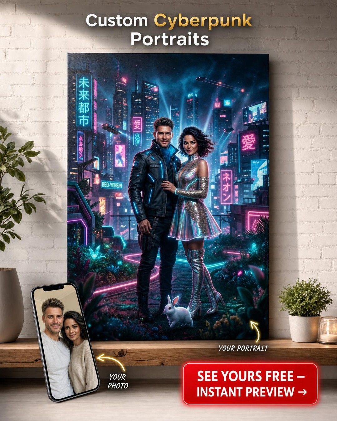 Custom Cyberpunk Couple Portrait — Neon Cityscape Canvas from Photo