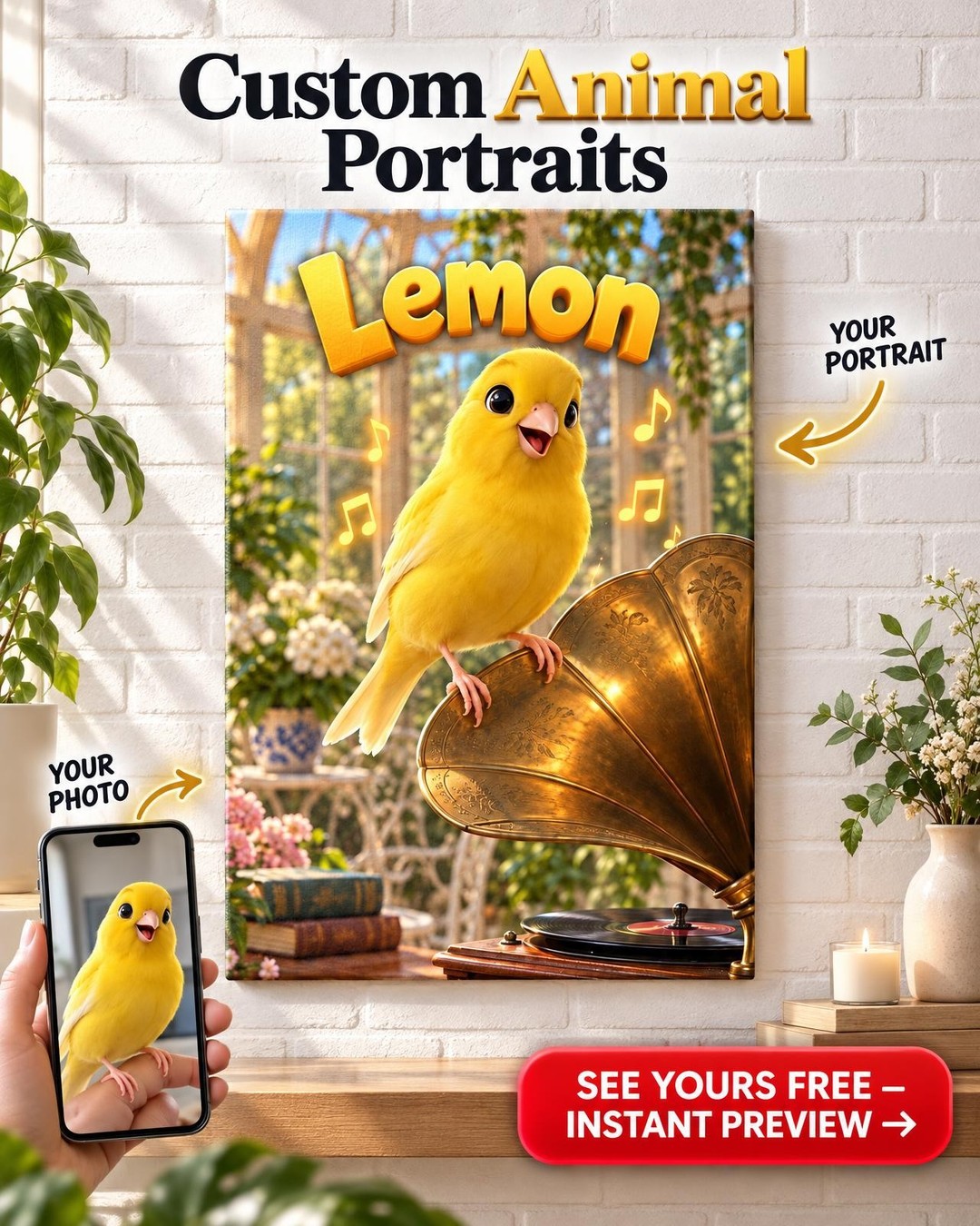 Custom Pixar-style 3D Animated Canary Portrait from Photo | Personalized Bird Gift
