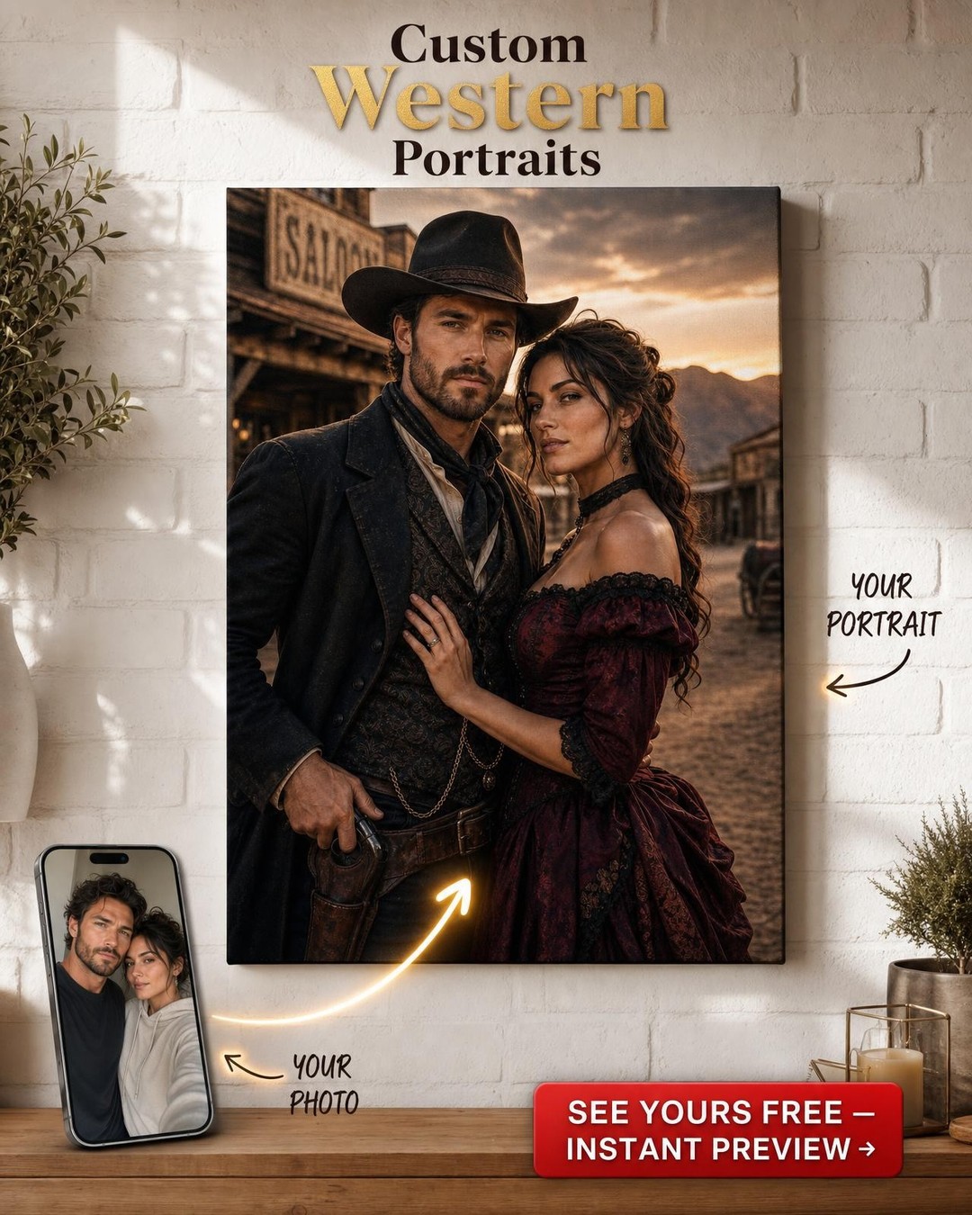 Custom Cowboy Couple Portrait — Western Saloon Canvas