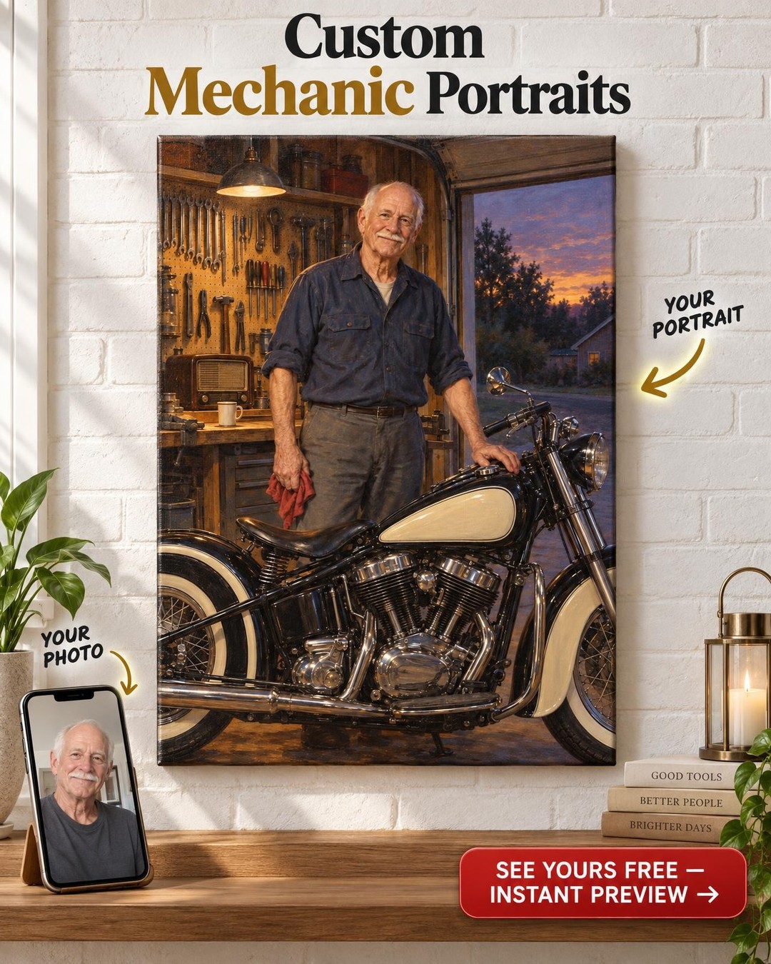 The Garage Motorcycle Custom Portrait from Photo | Personalized Motorcycle Portrait Gift