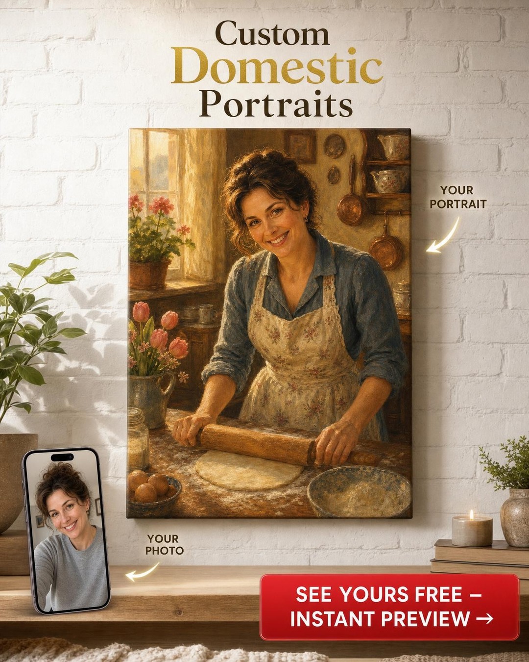 Custom Mother Portrait — Whimsical Single Woman Kitchen Canvas