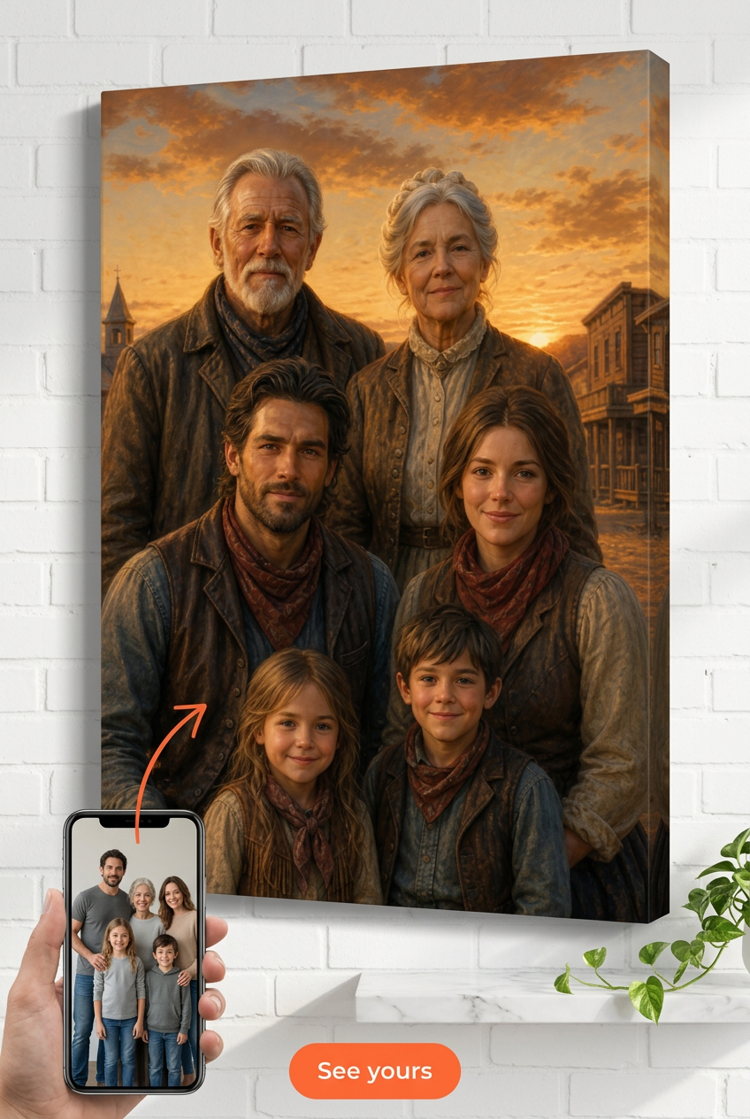 Custom Cowboy Family Portrait — Nostalgic Wild West Canvas
