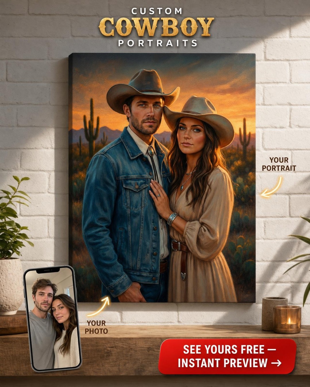 Custom Cowboy Couple Portrait — Romantic Western Canvas
