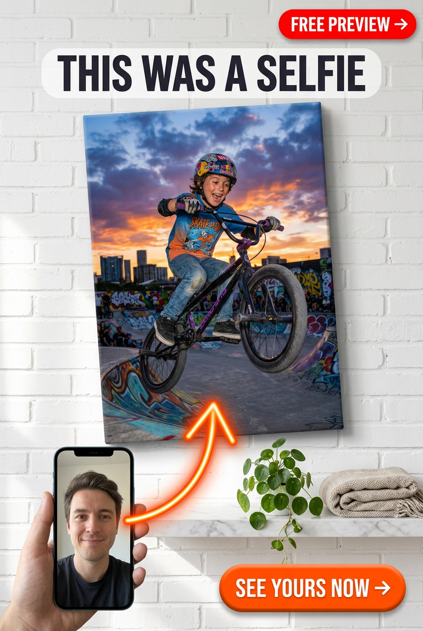 Custom Sunset Boy Portrait — Whimsical Skatepark Canvas from Photo