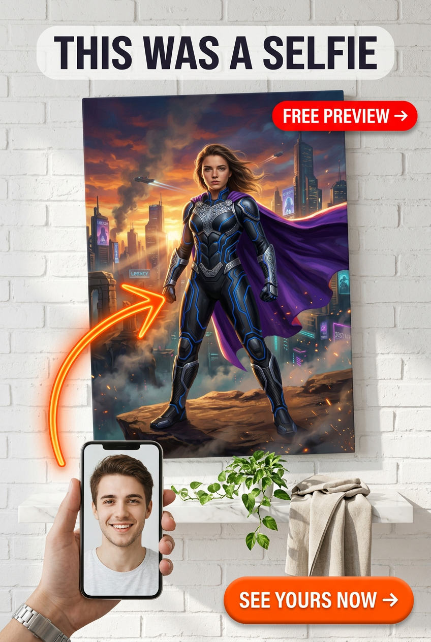 Custom Superhero Man Portrait — Heroic City Canvas for Her