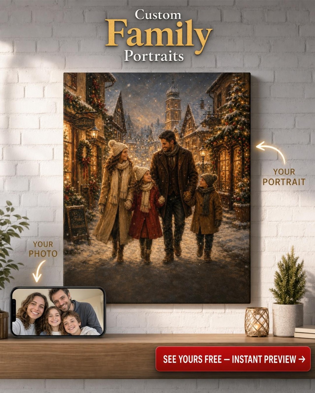 Custom Christmas Family Portrait — Festive Village Scene from Photo