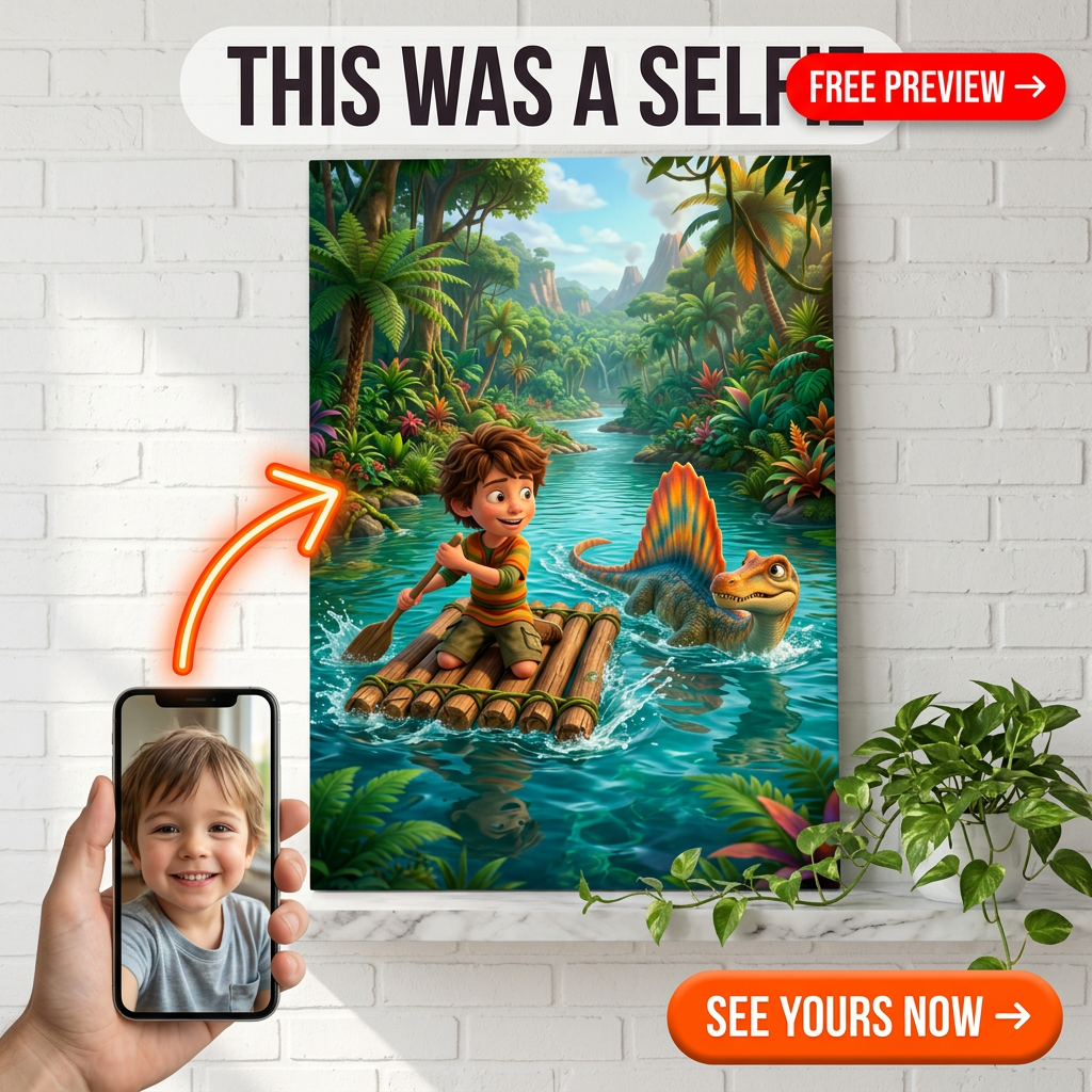 Custom Cartoon Boy Portrait — Dinosaur Adventure Canvas