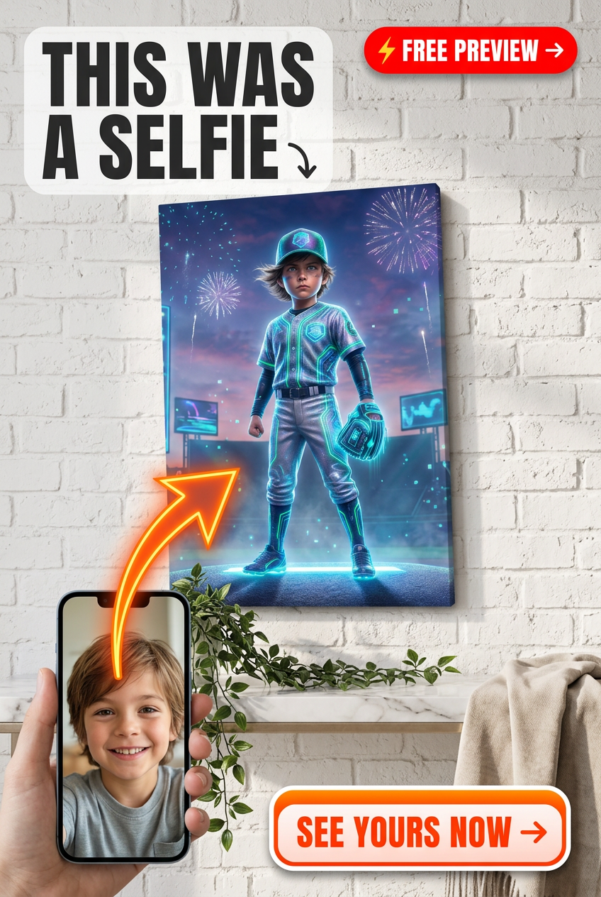 Custom Sci-Fi Boy Portrait — Whimsical Baseball Star Canvas