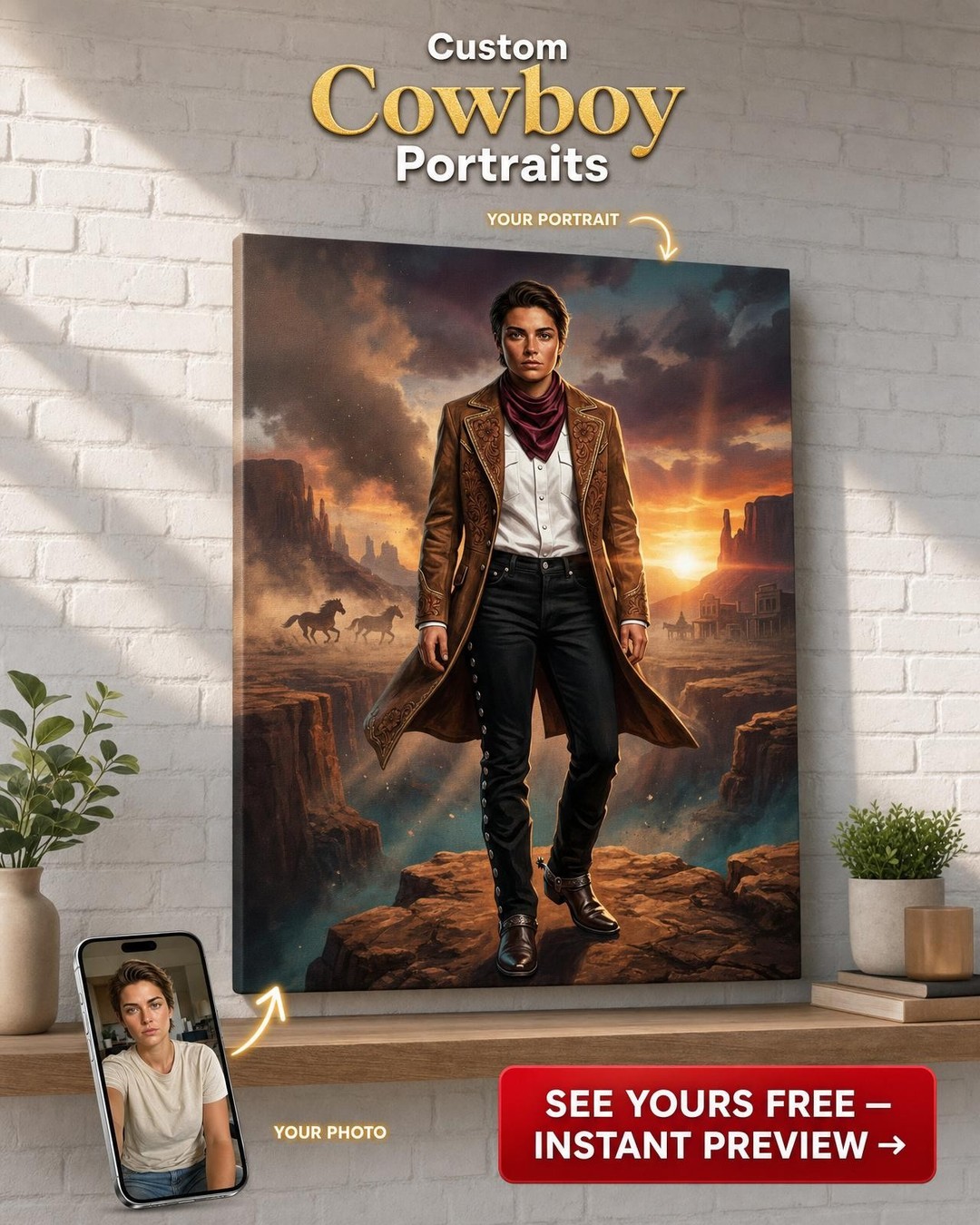 Custom Cowboy Man Portrait — Heroic Western Canvas from Photo
