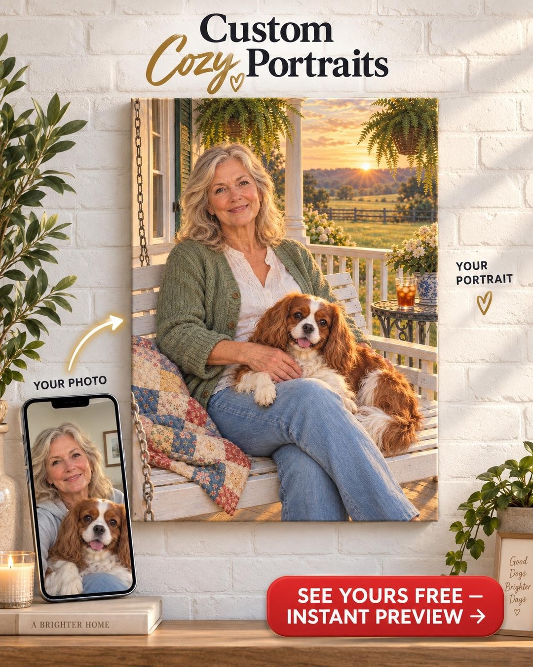 Me and My Dog on Front Porch Swing Custom Portrait from Photo | Personalized Me and My Dog Portrait Gift