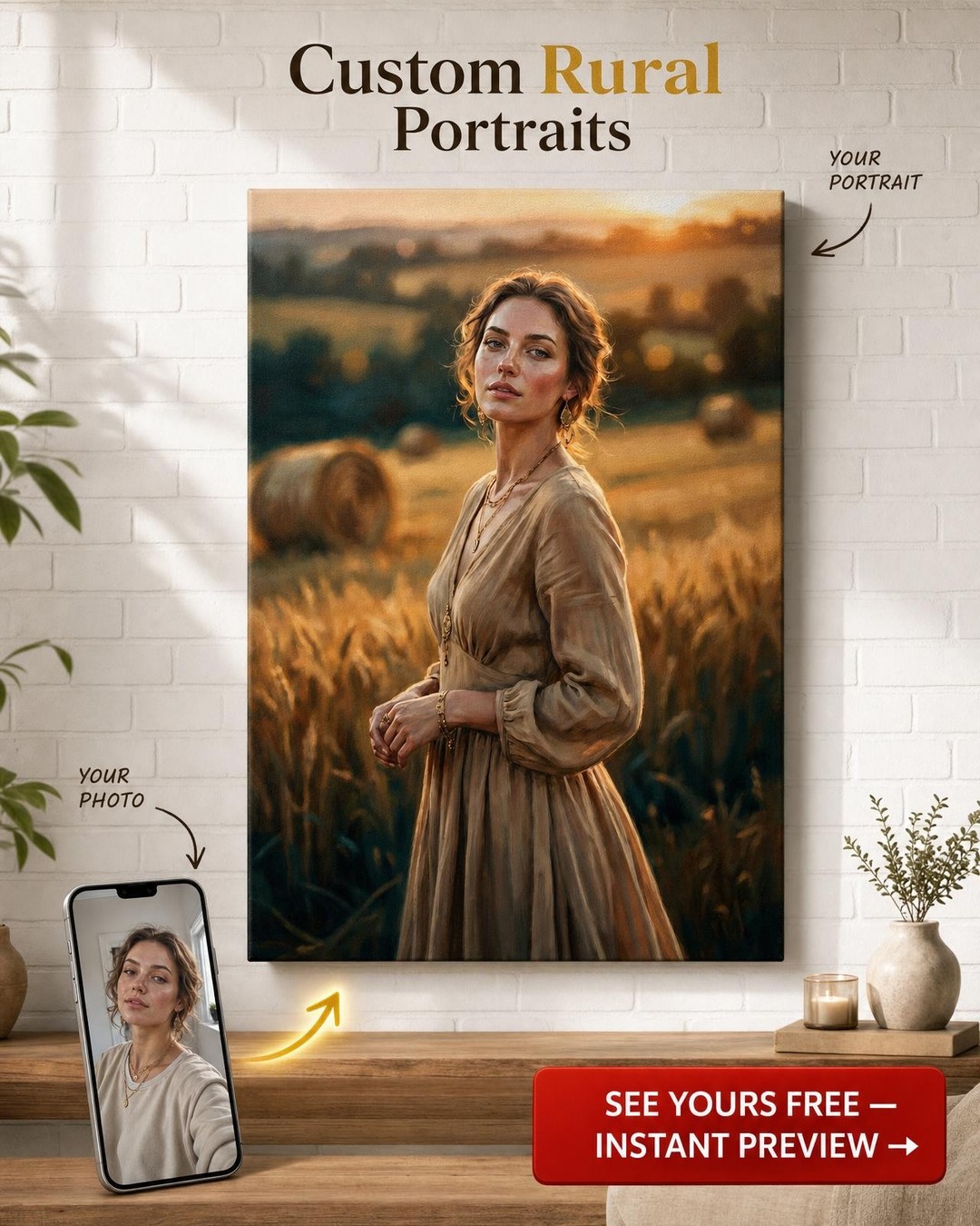 Custom Sunset Woman Portrait — Serene Field Canvas from Photo