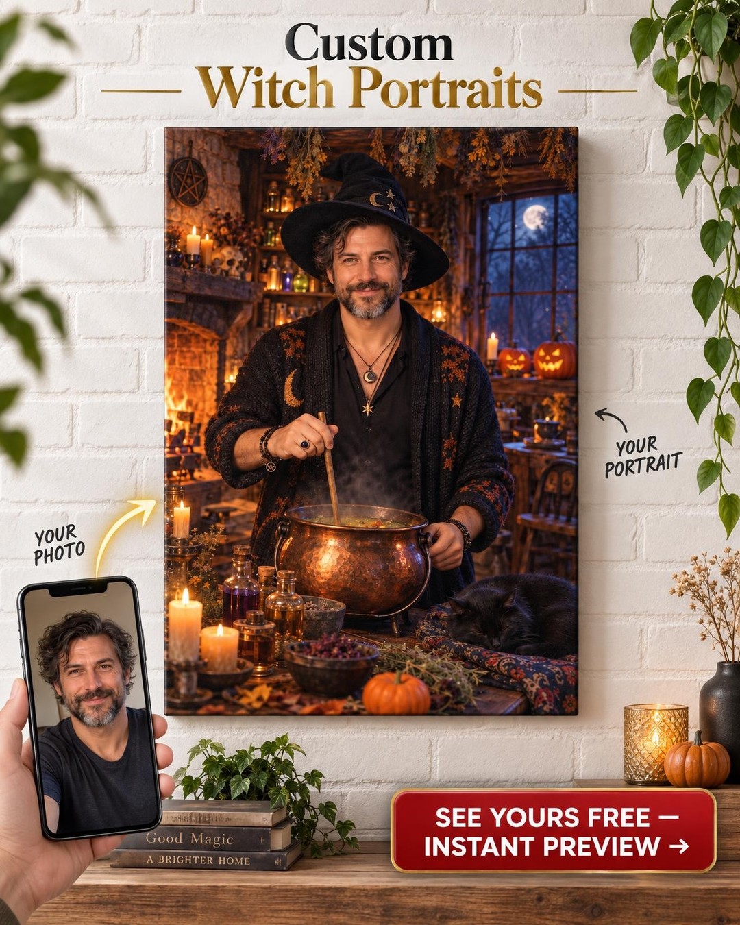 Cozy Witch Cottage Custom Portrait from Photo | Personalized For Him Gift
