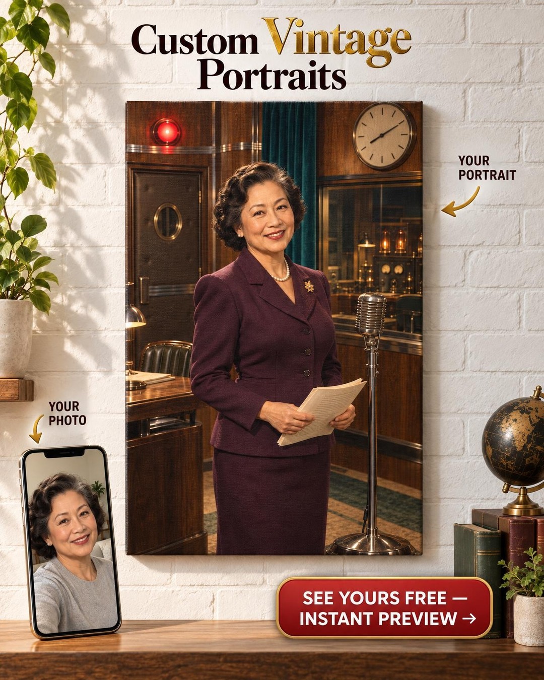 Vintage Radio Host Custom Portrait from Photo | Personalized Her Stage Portrait Gift