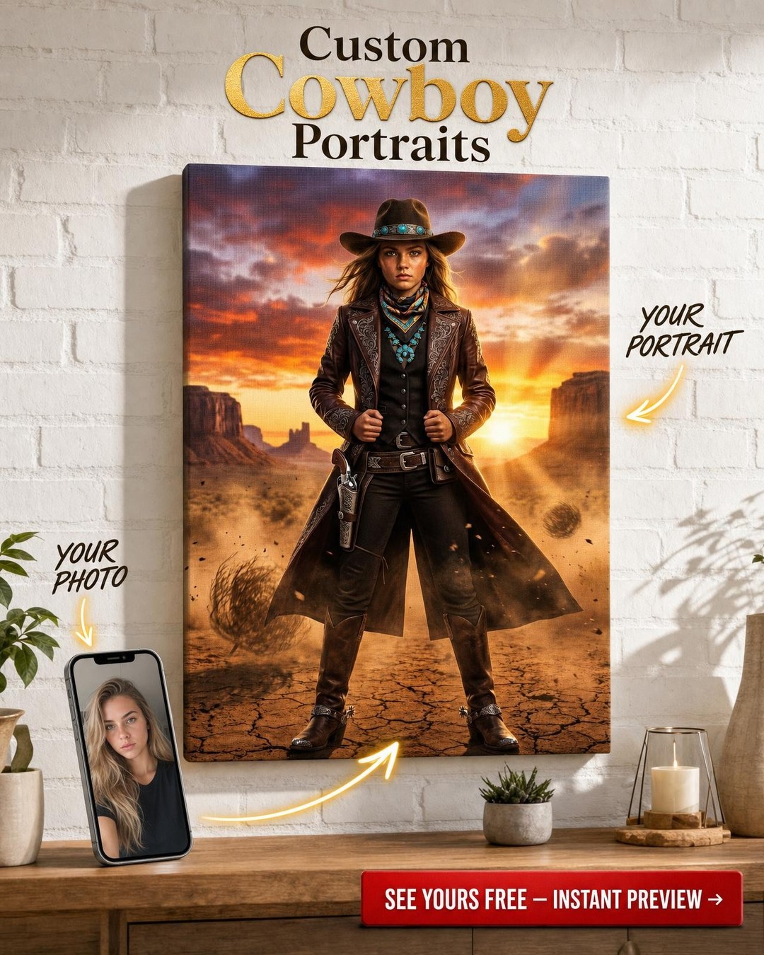 Custom Cowboy Woman Portrait — Heroic Desert Gunslinger Canvas